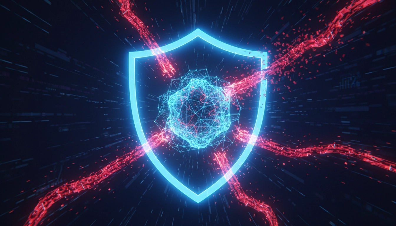 Um escudo digital brilhante protegendo um núcleo de IA contra ataques cibernéticos representados por tentáculos vermelhos em um fundo tecnológico escuro.
