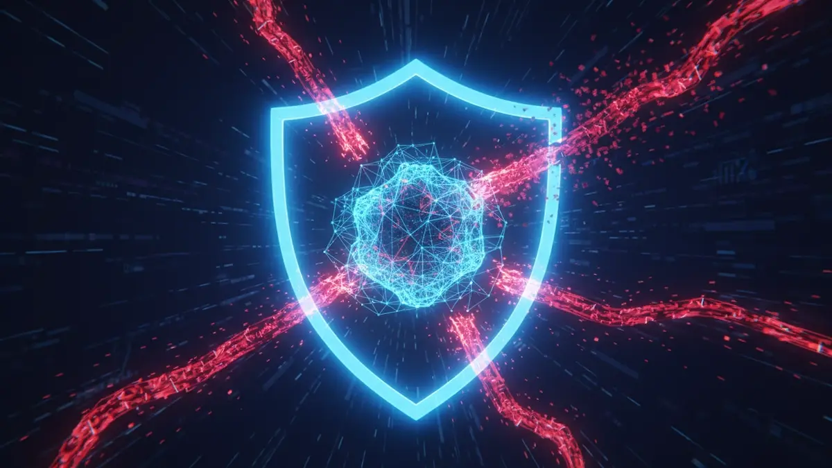 Um escudo digital brilhante protegendo um núcleo de IA contra ataques cibernéticos representados por tentáculos vermelhos em um fundo tecnológico escuro.