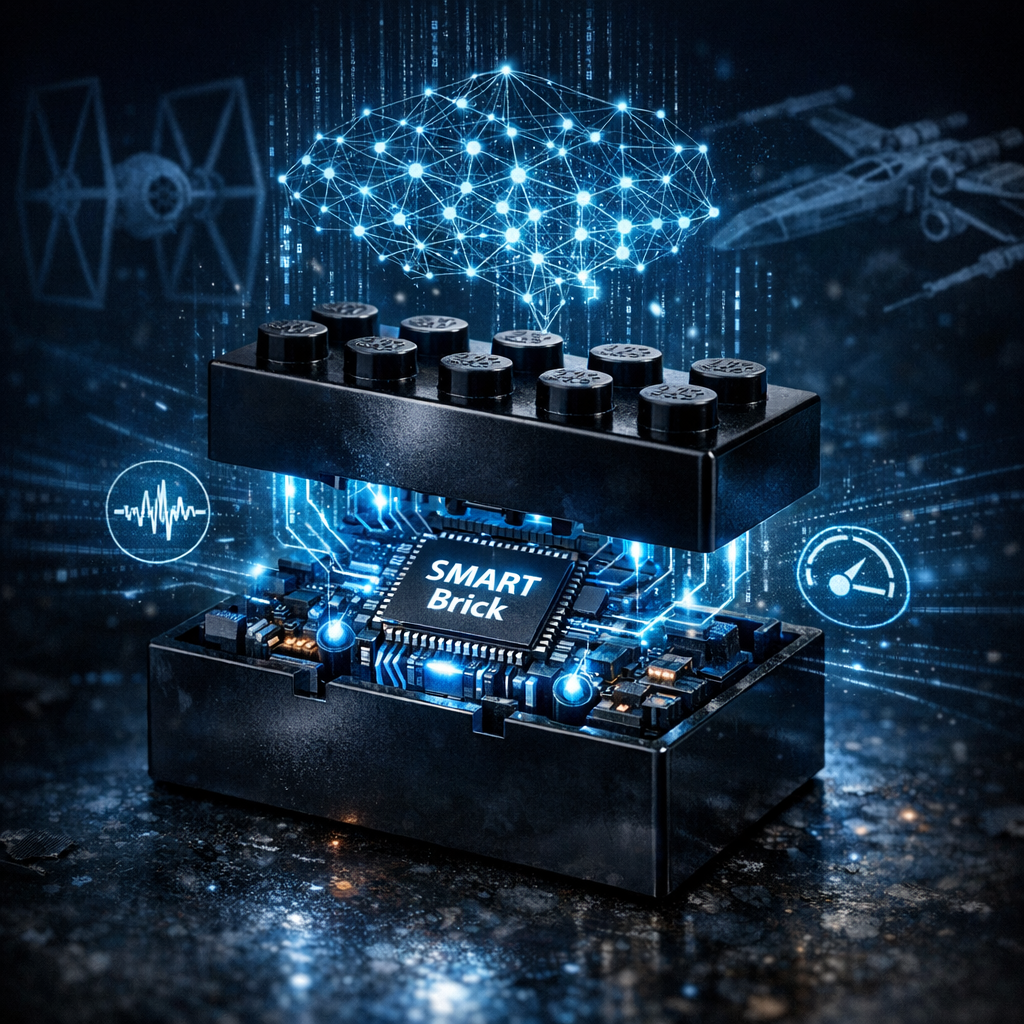 Um bloco de montar preto clássico aberto ao meio, revelando circuitos eletrônicos brilhantes e um microchip central com a inscrição "SMART Brick". Acima da peça, há uma projeção holográfica azul de uma rede neural. Ao fundo escuro, contornos de naves TIE Fighter e X-Wing de Star Wars.