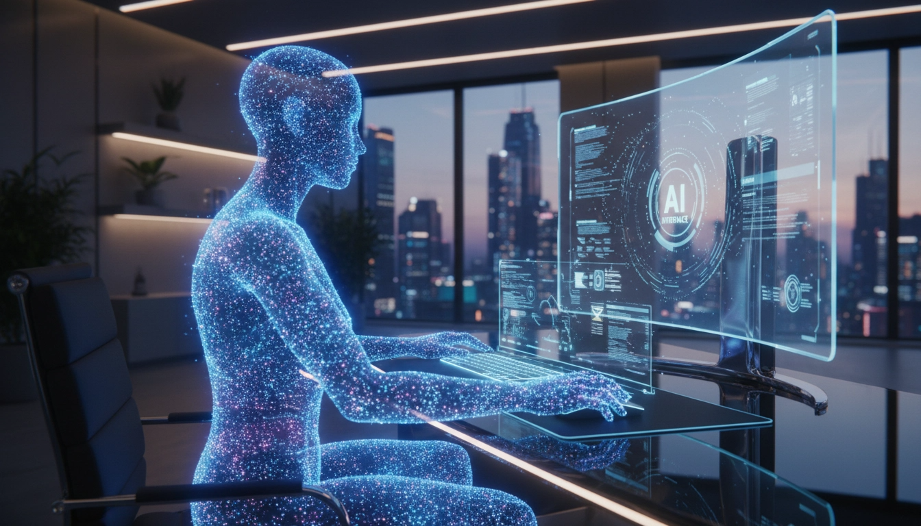 Representação de inteligência artificial controlando um computador com interface holográfica em ambiente futurista