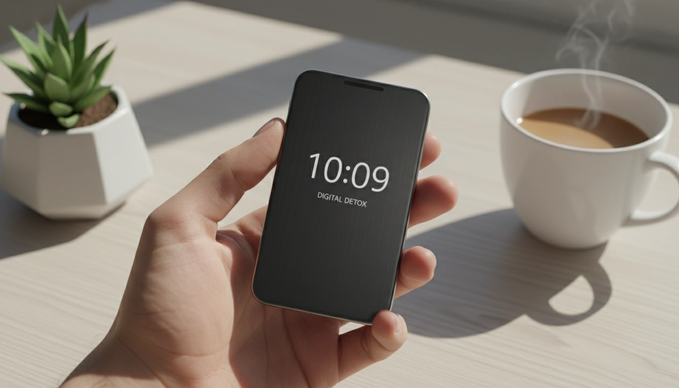 Uma mão segurando um smartphone minimalista do tamanho de um cartão de crédito (NanoPhone Pro) sobre uma mesa de madeira limpa com um café e uma planta, transmitindo uma sensação de paz e detox digital.