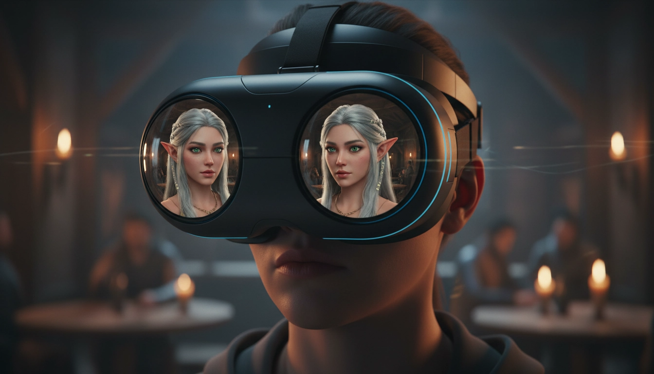 Close-up de uma pessoa usando um headset de Realidade Virtual, com o reflexo de um NPC elfo hiper-realista e expressivo nas lentes, simbolizando a imersão e a interação avançada com IA em jogos.
