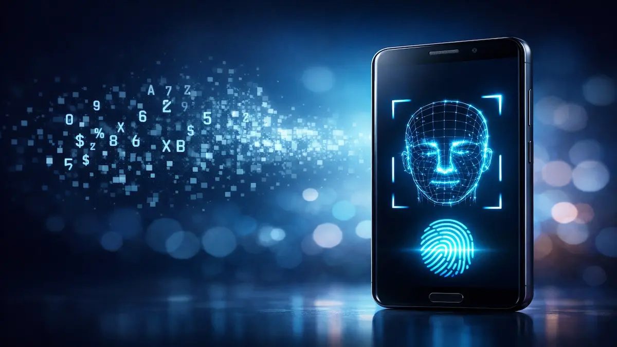 Smartphone moderno exibindo interface de reconhecimento facial e digital azul brilhante, com caracteres de senhas antigas desaparecendo ao fundo em um ambiente tecnológico.