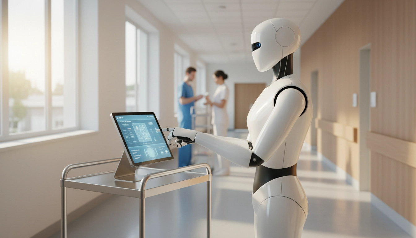 Robô humanoide branco e elegante interagindo com um tablet em um corredor de hospital moderno e iluminado, com médicos e enfermeiros ao fundo, simbolizando a integração da IA física em ambientes de trabalho.