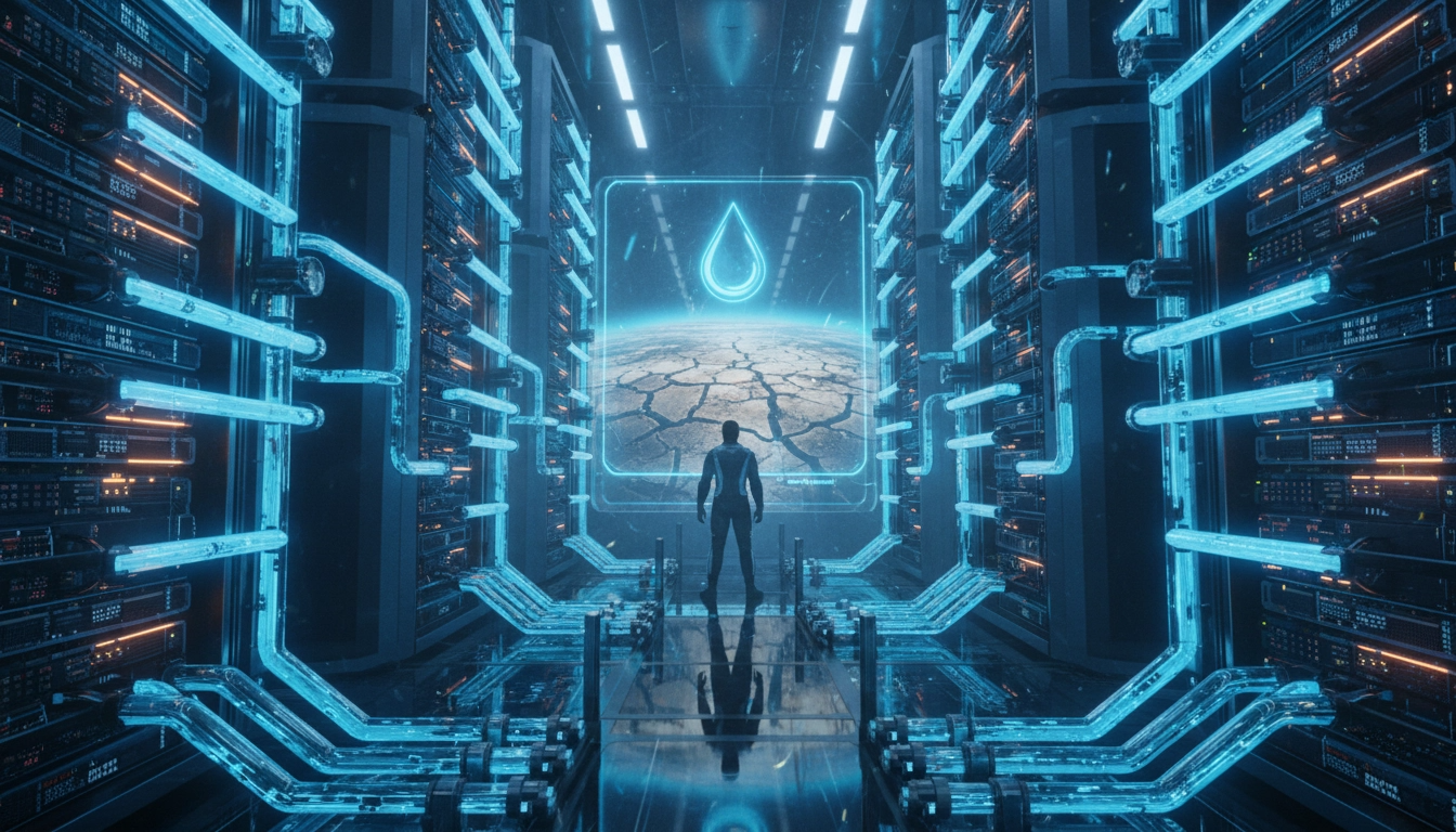 Um data center futurista com tubulações de água visíveis e um globo terrestre com áreas secas, simbolizando o consumo hídrico da IA e a escassez de água.