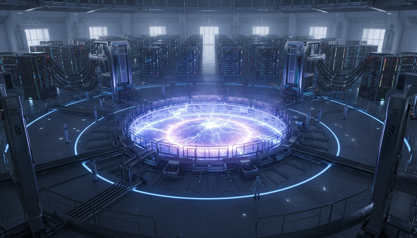 Interior de um reator de fusão nuclear futurista (Tokamak) com plasma brilhante em tons de azul e violeta, iluminando sutilmente racks de servidores de IA ao fundo, simbolizando a energia que alimenta a inteligência artificial.