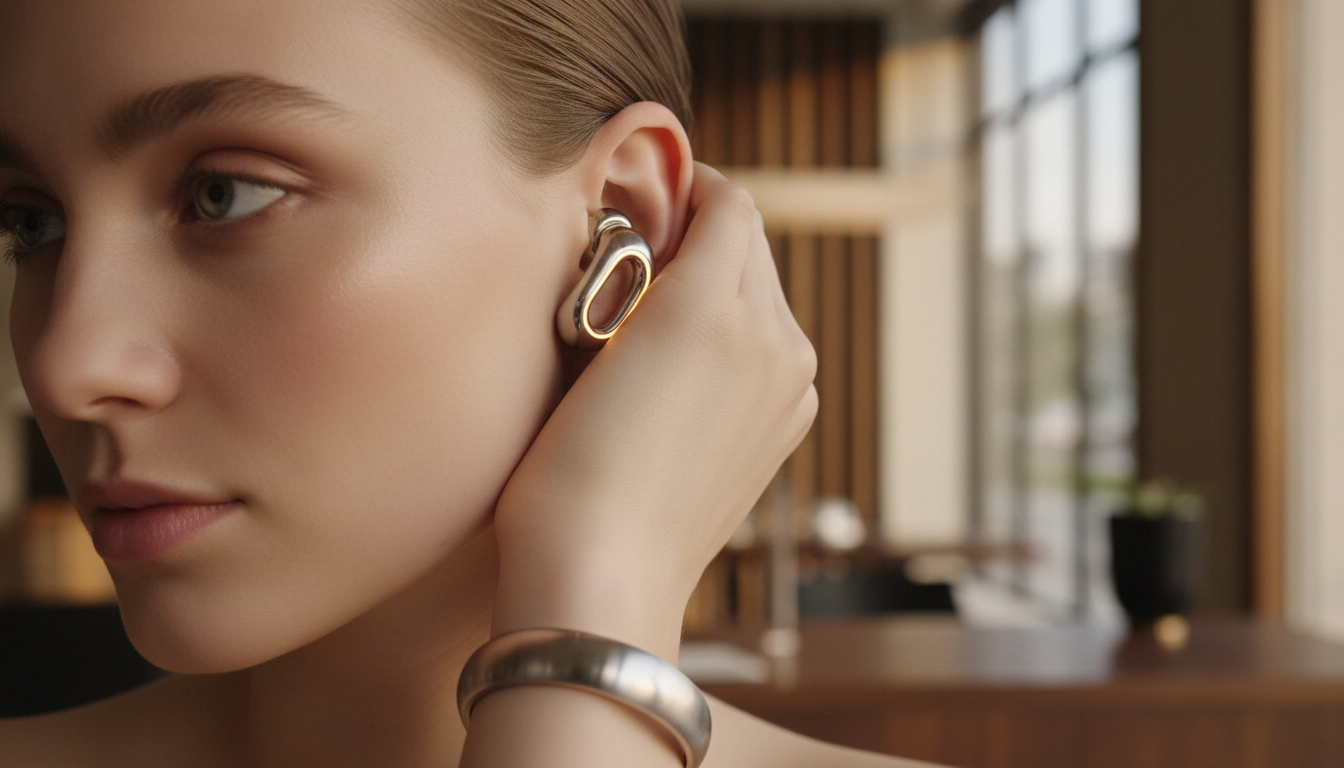 Close-up de uma mulher usando o fone de ouvido Samsung Slac em formato de anel metálico na orelha, com um bracelete tecnológico combinando no pulso, em um ambiente moderno e luxuoso.