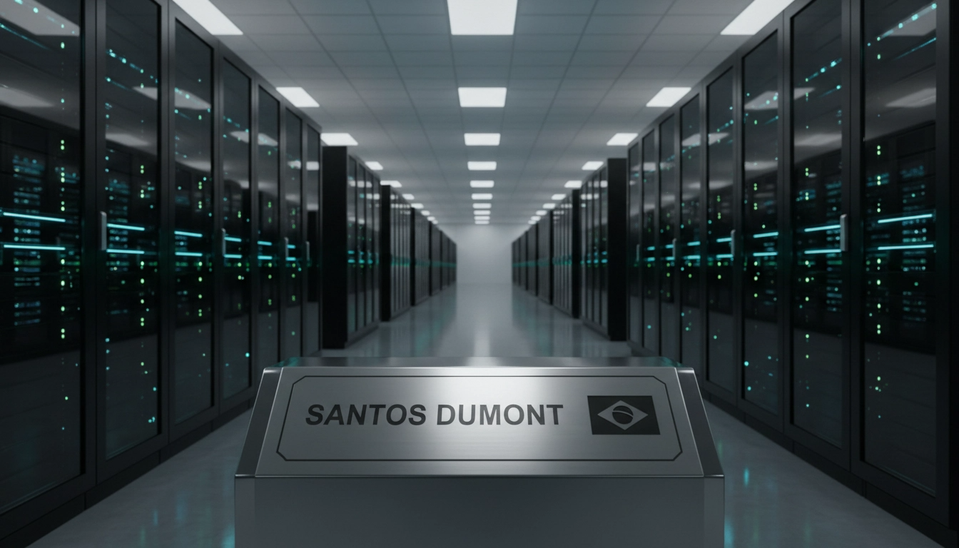 Corredor de data center futurista com servidores brilhantes em tons de azul e verde, e uma placa metálica com "Santos Dumont" e o emblema da bandeira brasileira no primeiro plano.