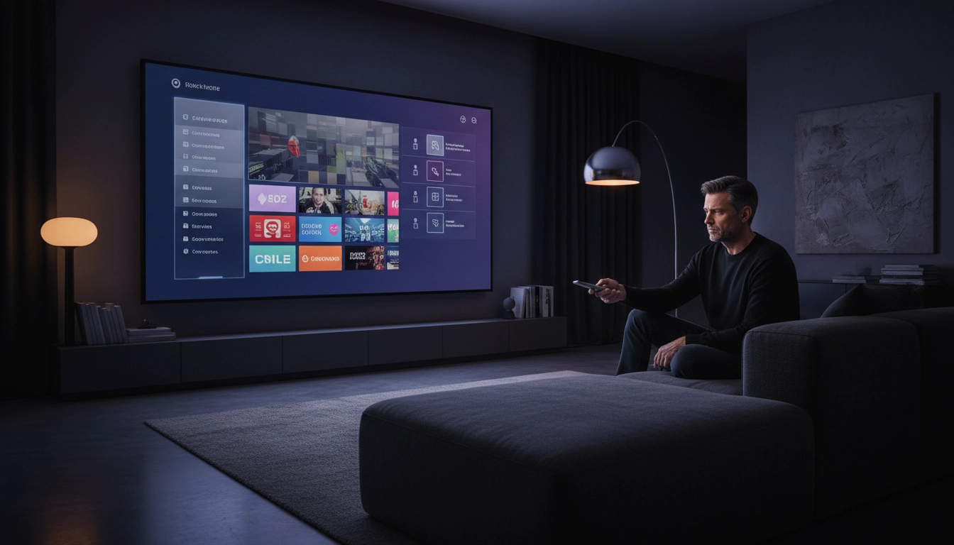 Pessoa sentada em um sofá moderno em uma sala escura, segurando um controle remoto e olhando para uma TV com uma interface de streaming confusa e cheia de opções, que lembra uma grade de canais de TV a cabo.