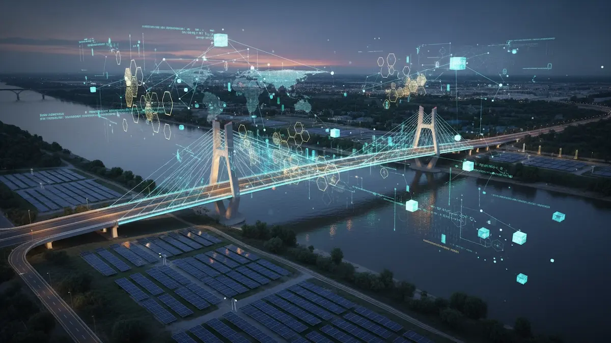 Uma ponte suspensa moderna sobre um rio ao entardecer, integrada com elementos digitais abstratos de blockchain, redes de dados e ícones de ativos globais, simbolizando a tokenização de infraestrutura física.