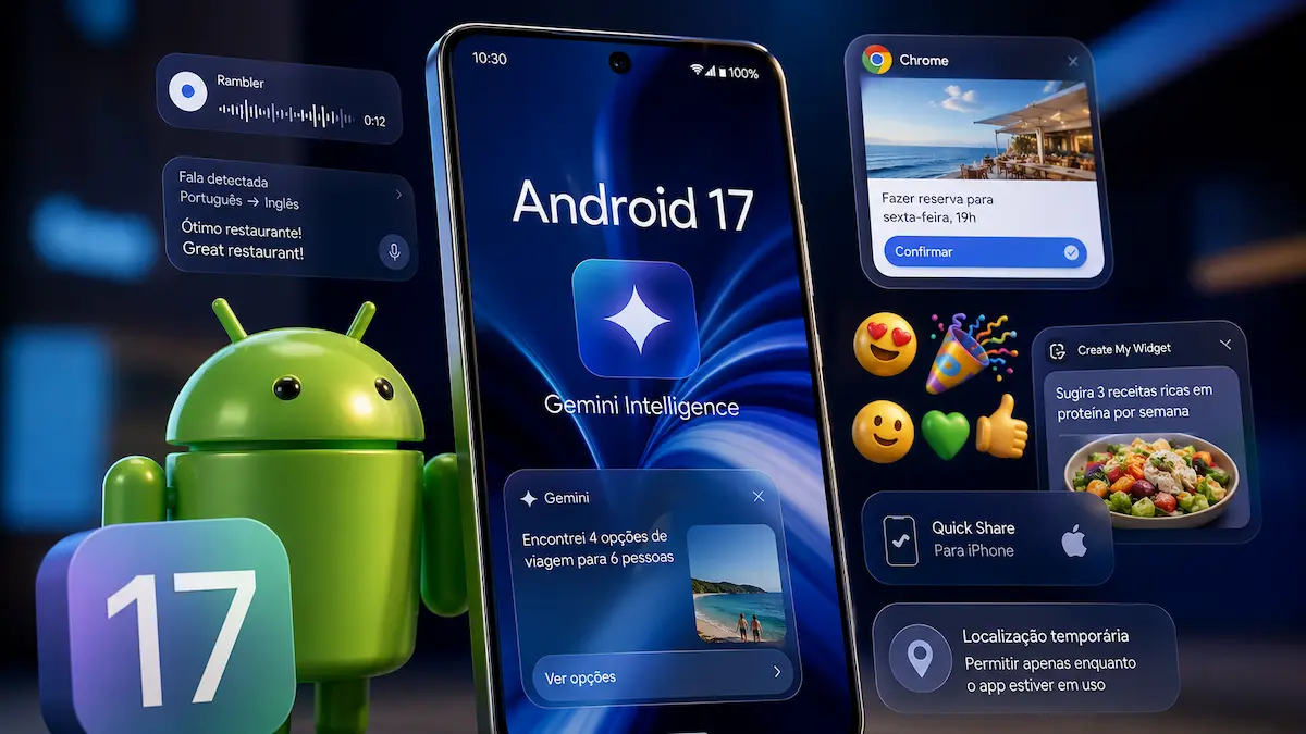 Smartphone exibindo Android 17 com Gemini Intelligence, widgets de IA, Quick Share para iPhone e novos recursos inteligentes apresentados pelo Google em 2026.