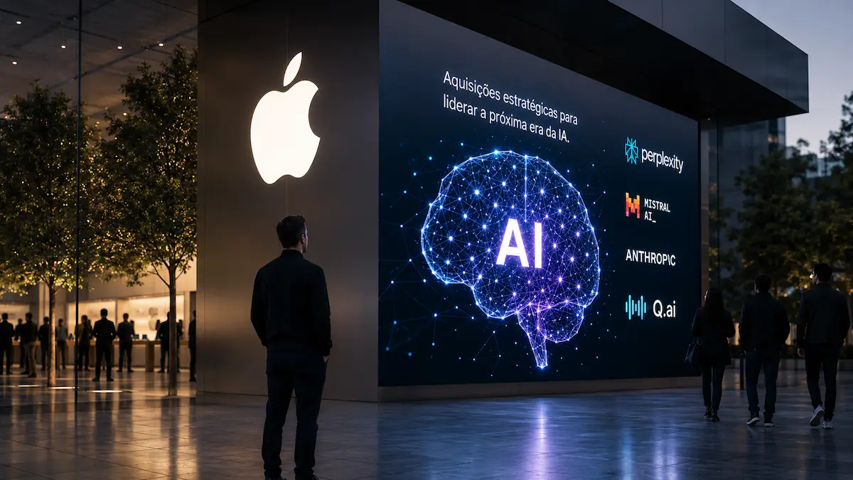 Loja futurista da Apple com painel digital sobre inteligência artificial e possíveis aquisições de empresas de IA em 2026.
