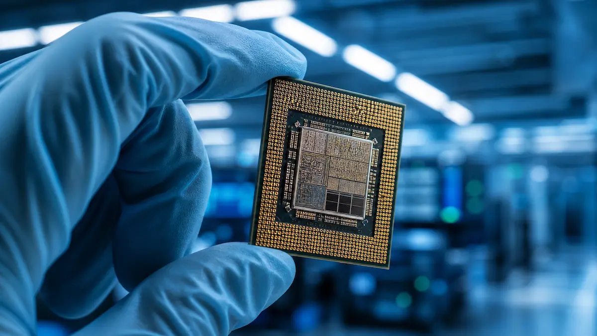 Fotografia macro de um chip semicondutor de inteligência artificial sendo segurado por uma mão com luva técnica em um laboratório de alta tecnologia.