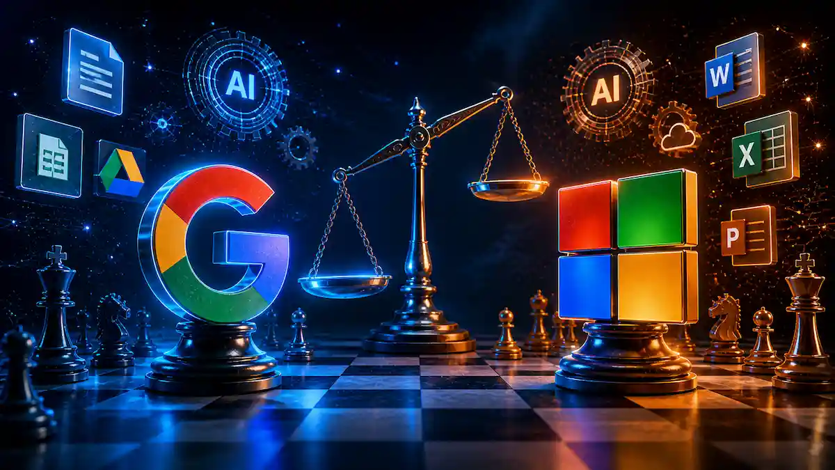 Comparação entre Google Workspace e Microsoft 365 com ícones em tabuleiro de xadrez e balança de custo-benefício.