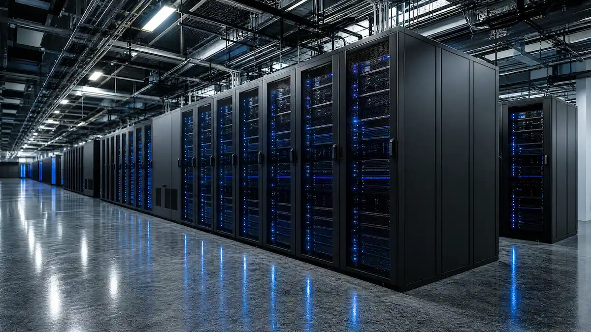 Fotografia profissional do interior de um data center moderno com fileiras de racks de servidores pretos e luzes LED azuis, representando a infraestrutura de IA no Brasil.
