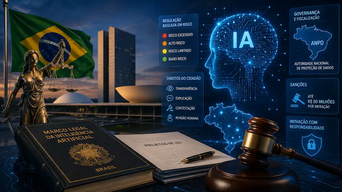 Conceito visual sobre a regulamentação da inteligência artificial no Brasil com Congresso Nacional, símbolos jurídicos e interface digital de IA.
